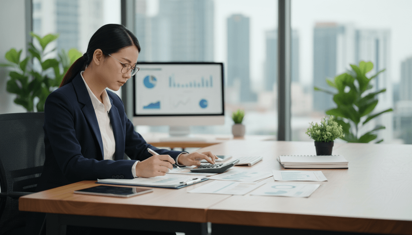 Professional reviewing financial documents at a clean desk with calculator and papers