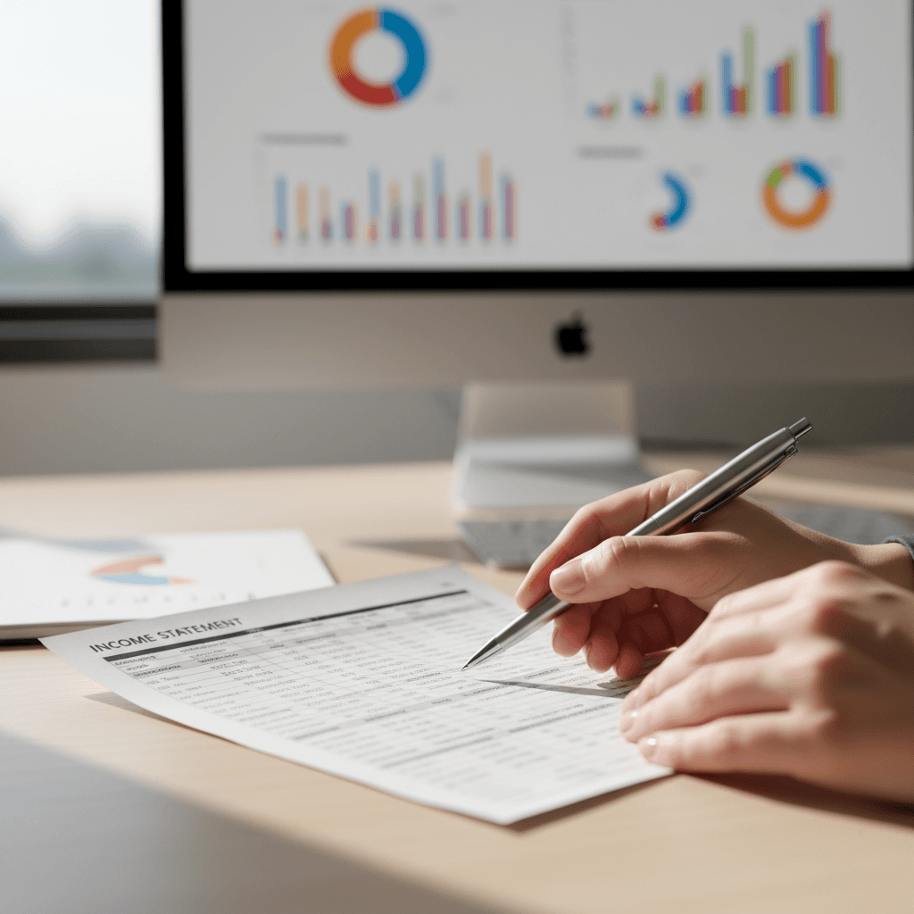Professional reviewing tax documents and financial records at a clean organized desk
