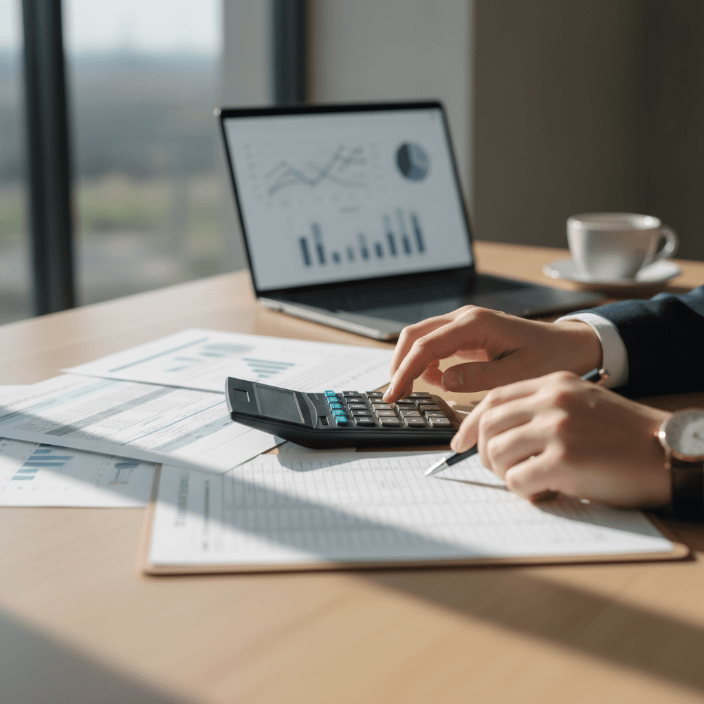 Professional accountant reviewing financial documents at office desk with laptop and organized workspace