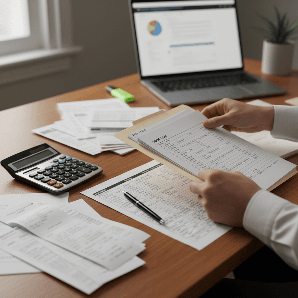 Tax forms and calculator on a clean organized desk