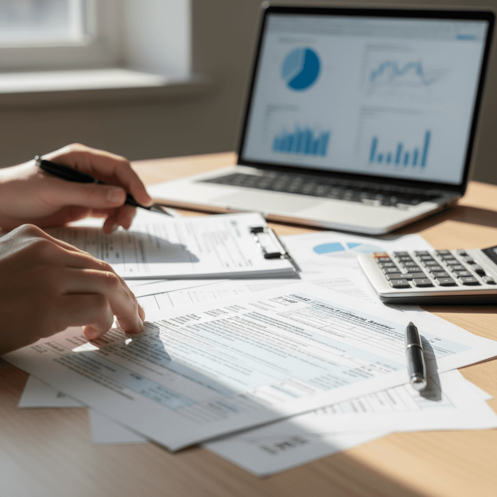 Professional accountant reviewing tax documents at organized desk