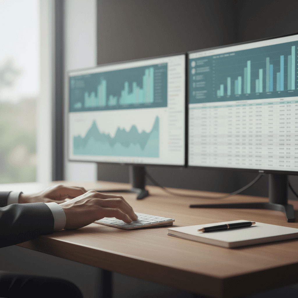 Professional accountant reviewing financial documents at a clean modern desk with warm lighting